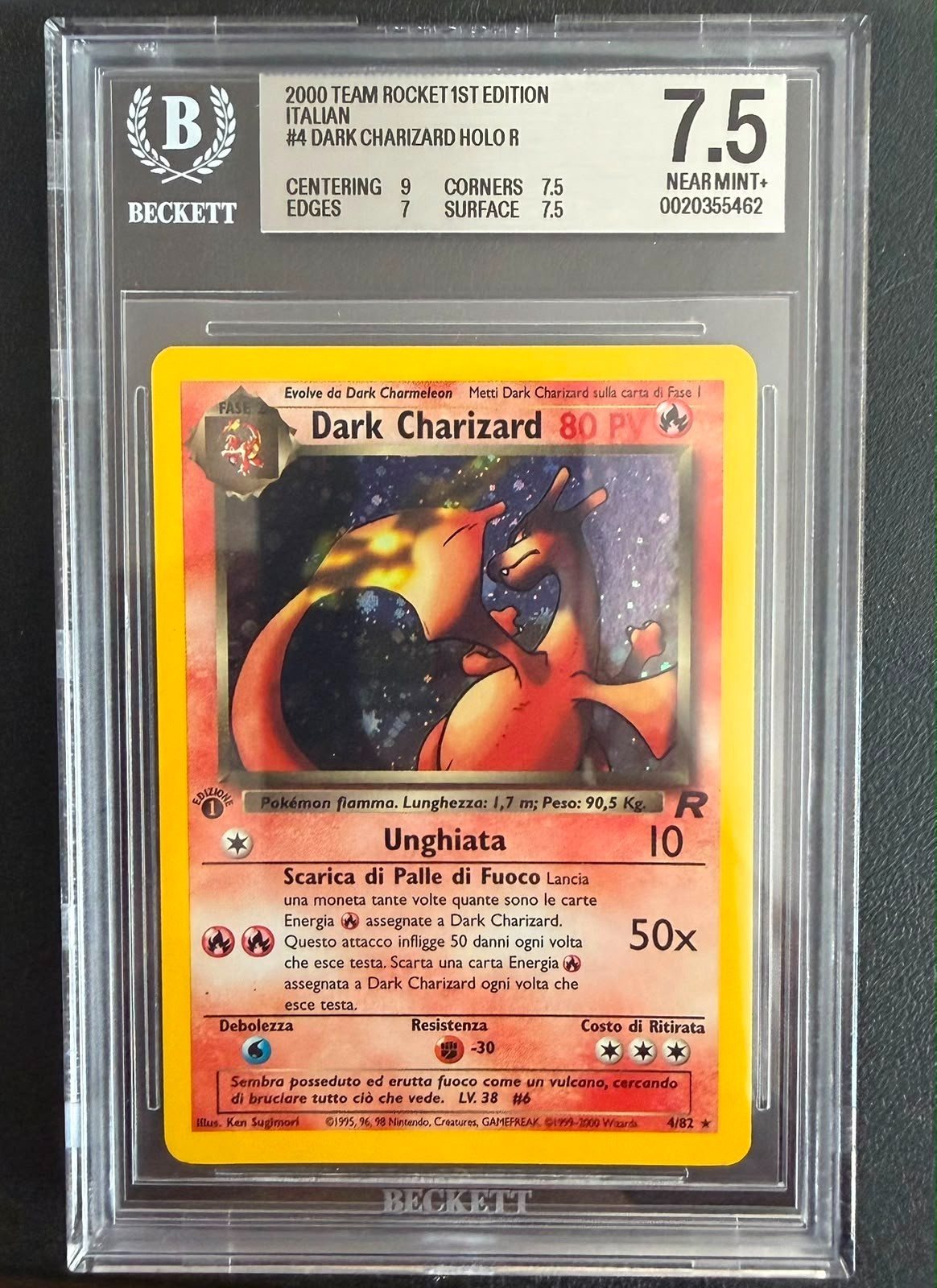 Pokèmon 2000 Dark Charizard Holo 4/82 BGS 7.5 1 Edizione Team Rocket Italiano – Foto 1